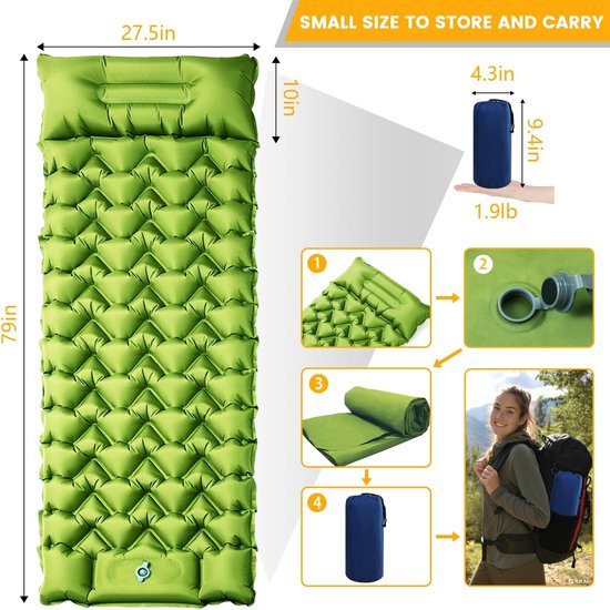 Luchtbed - Slaapmat Zelfopblazend - Camping Kampeermat - Opblaasbaar Kampeerbed met Ingebouwde Pomp - Groen - TPU - 200x69x10cm - Voor 1 Persoon - Waterdicht en scheurbestendig — afbeelding 2
