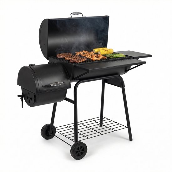 Lugia Houtskool BBQ met - Barbecue Smoker – 136 cm – Grote Grill 66x41 cm - Warmhoudrek – Zijtafel met Flessenopener – Zwart