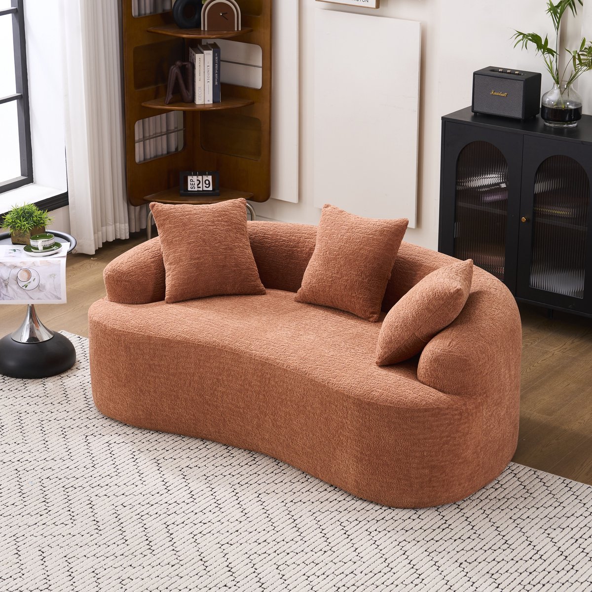 STILVORA Sofa 153 x 94 cm - Gebogen 2-Zits Voor Hoek En Kleine Ruimtes - Inclusief 3 Kussens - Chenille - Koraalroze