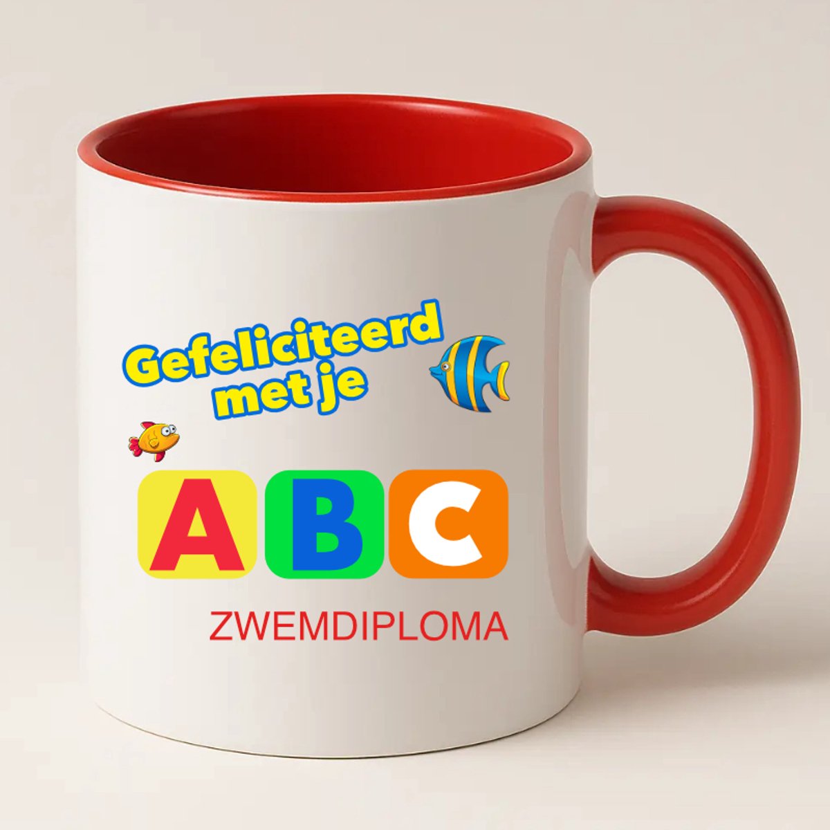 Zwemdiploma ABC Mok (rood) - Gefeliciteerd met je Zwemdiploma Mok - Zwemdiploma Cadeau ABC