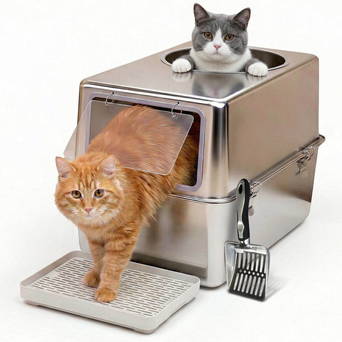 Gesloten RVS kattenbak XXL 60x41,5 cm met voorflap en bovenopening