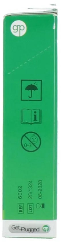 Groene verpakking met 'gp' logo en symbolen voor gebruik en leeftijd. REF 6002, LOT 25/1324, 08-2028.