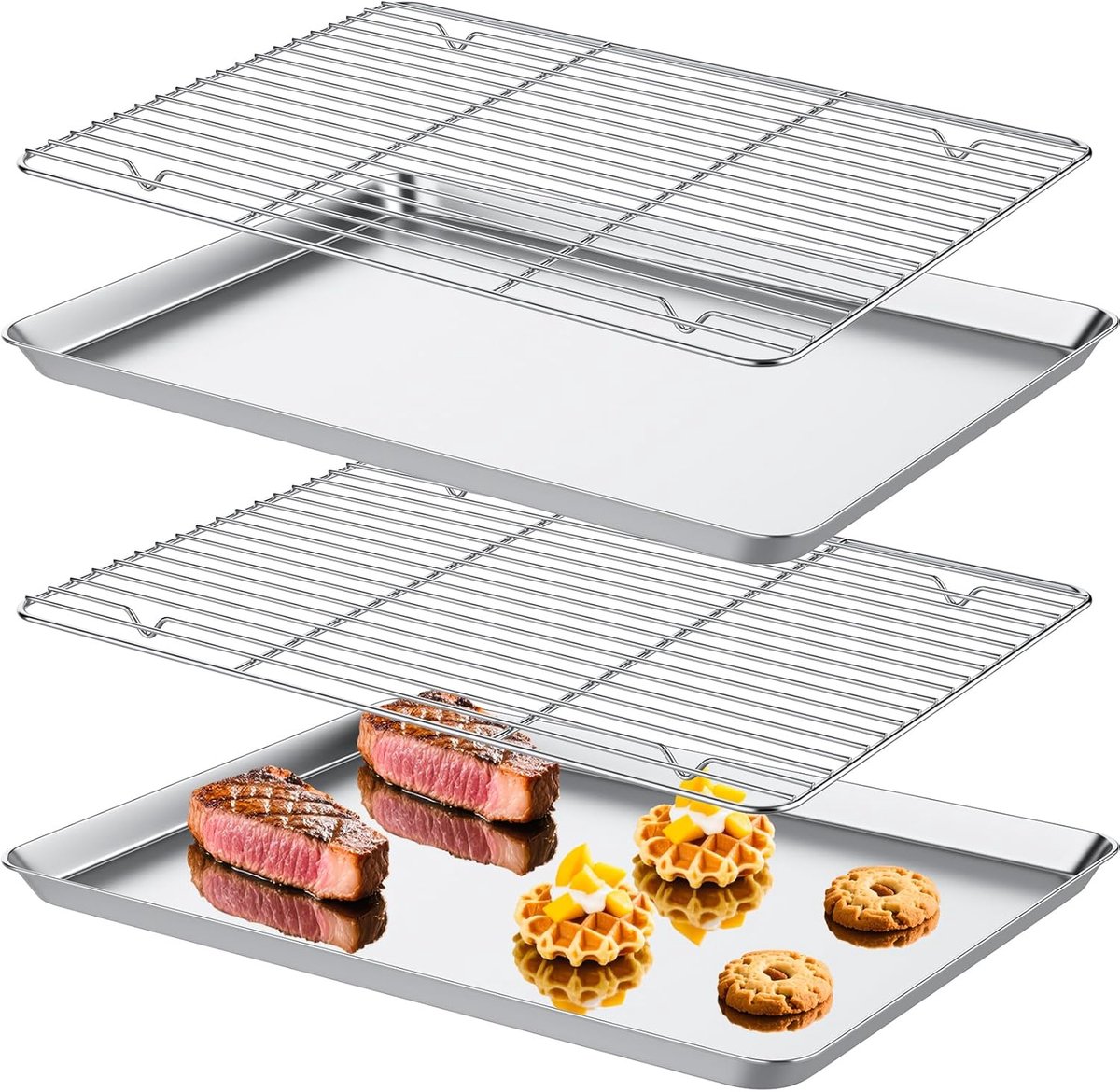 2x RVS Bakplaat met Koelrek - Rechthoekige Ovenschaal Set - 40x30 cm