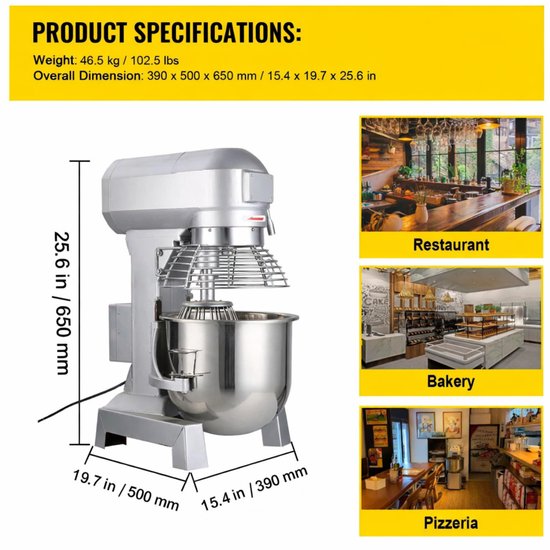 Industriële Keukenmixer - Commerciële Standmixer - 15 Qt Roestvrijstalen Mengkom - 600W Krachtige Motor - 3 Instelbare Snelheden - Spiraaldeeghaak - Platte Klopper - Draadzweep - Veiligheidsschild - Bakkerij - Horeca van Merkloos — afbeelding 5