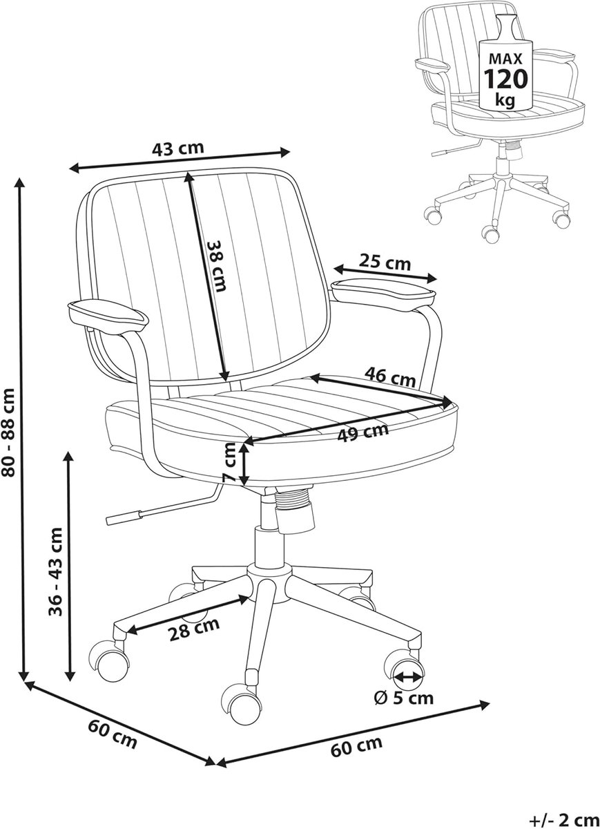 Bureaustoel Casa Velluto Berne Vintage – Retro Bureaustoel Bruin Kunstleer – Ergonomische Draaistoel met Kantelfunctie en Verstelbare Hoogte – Comfortabele Kantoorstoel voor Thuiswerk, Bureau en Werkplek