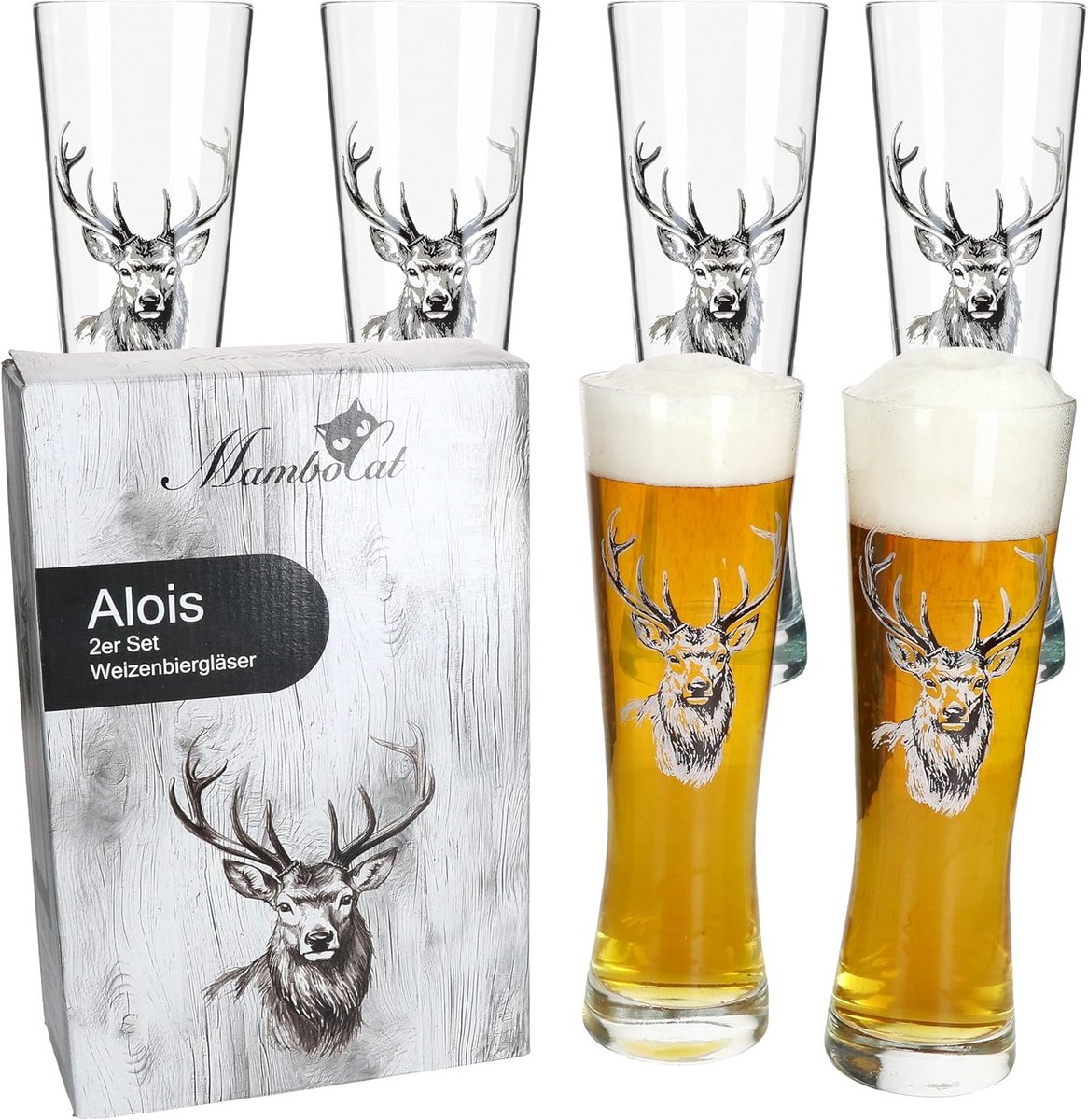Set van 6 Klassieke Bierglazen Wit Glas met Hertenmotief - Stijlvolle Drinkglazen