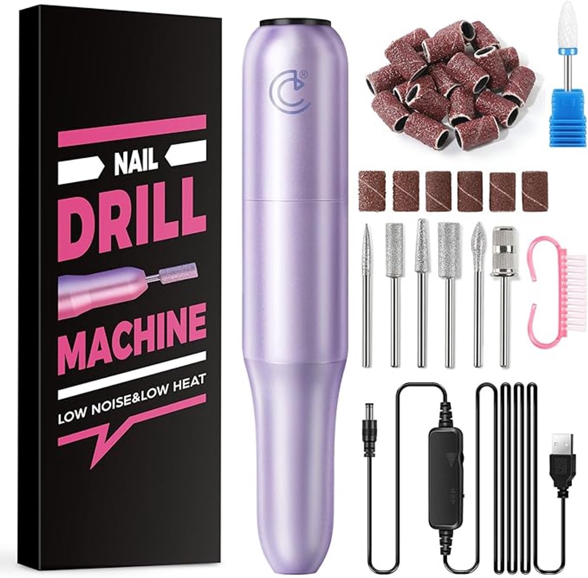 Elektrische Nagelfrees 20.000 rpm – Professionele Nagelvijl voor Gelnagels met 6 Metalen Bitjes, Keramisch Opzetstuk & USB-kabel | Manicure Pedicure Set Paars