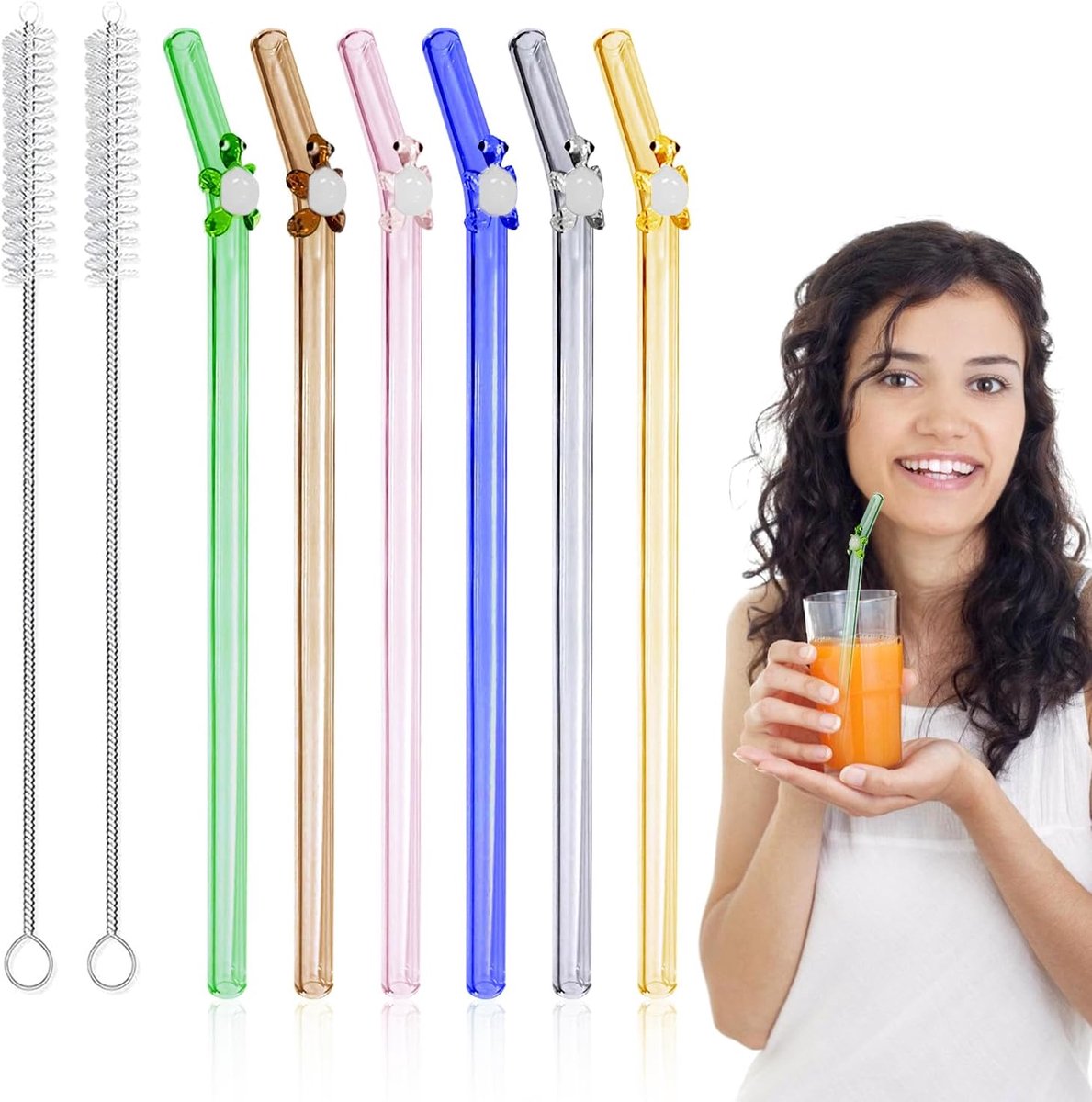 Set van 6 Herbruikbare Gekleurde Glazen Rietjes met Schoonmaakborstels
