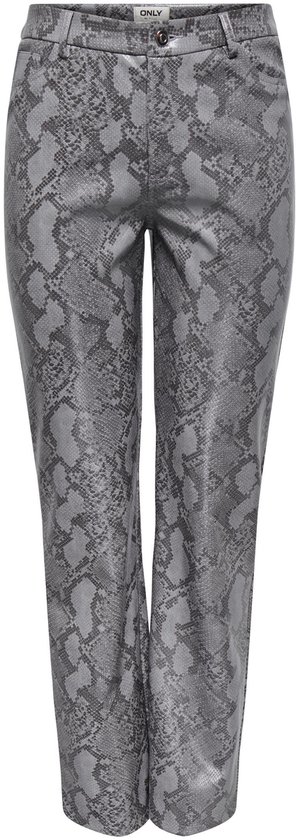 Rechte broek van synthetisch leer met slangenprint in grijs.