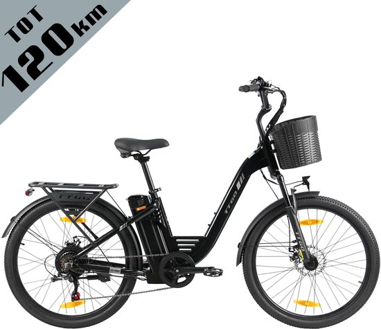 TTGO Elektrische Fiets C2 Pro - 26" stadsfiets - Tot 120 km Actieradius - 36V 18Ah Accu - Shimano 7 Versnellingen - LCD Display - Voorvorkvering - Inclusief Bagagedrager en Mand - zwart