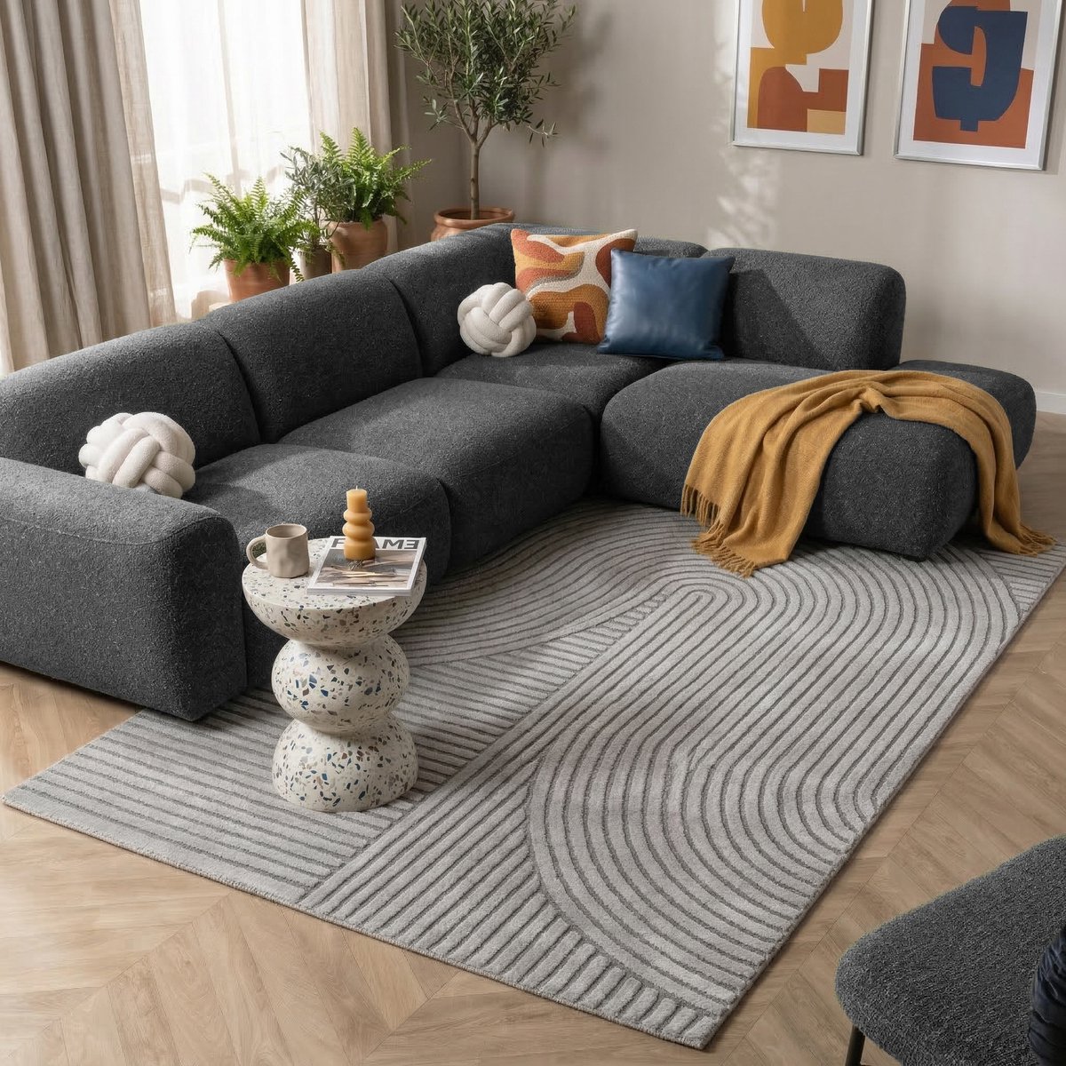 flycarpets Eliora Vloerkleed Modern Japandi - Grijs - Laagpolig Tapijt Woonkamer - 140x200 cm