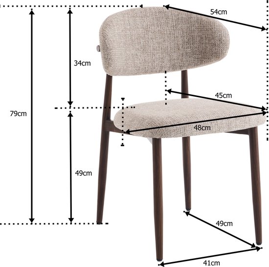 Stoel met bruine houten poten, taupe stoffen zitting en rugleuning met afmetingen.