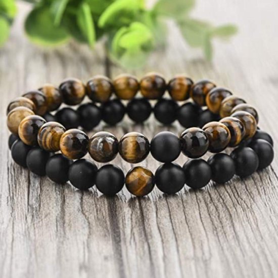 AWEMOZ® Natuursteen Armbanden - Contrast Kralen Armbandjes - Zwart/Bruin