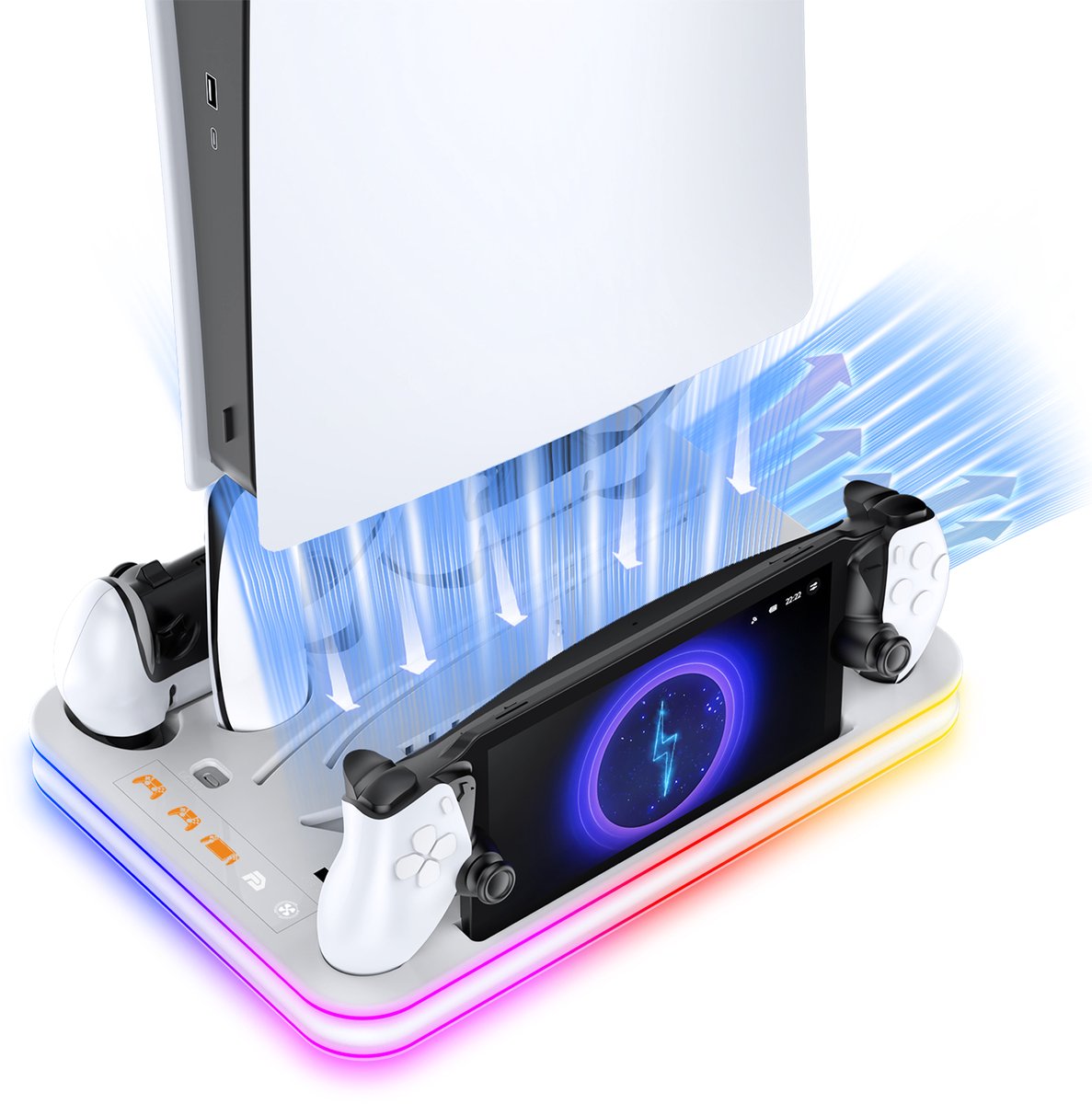 PlayCool all-in-one Multifunctionele RGB Oplaadstation- en Displaystandaard Geschikt voor PlayStation 5/ PS5 Slim/ PS5 Pro (Disc & Digital) & PlayStation Portal (incl. Screen Protector) - DualSense (Edge) controller – foto 2