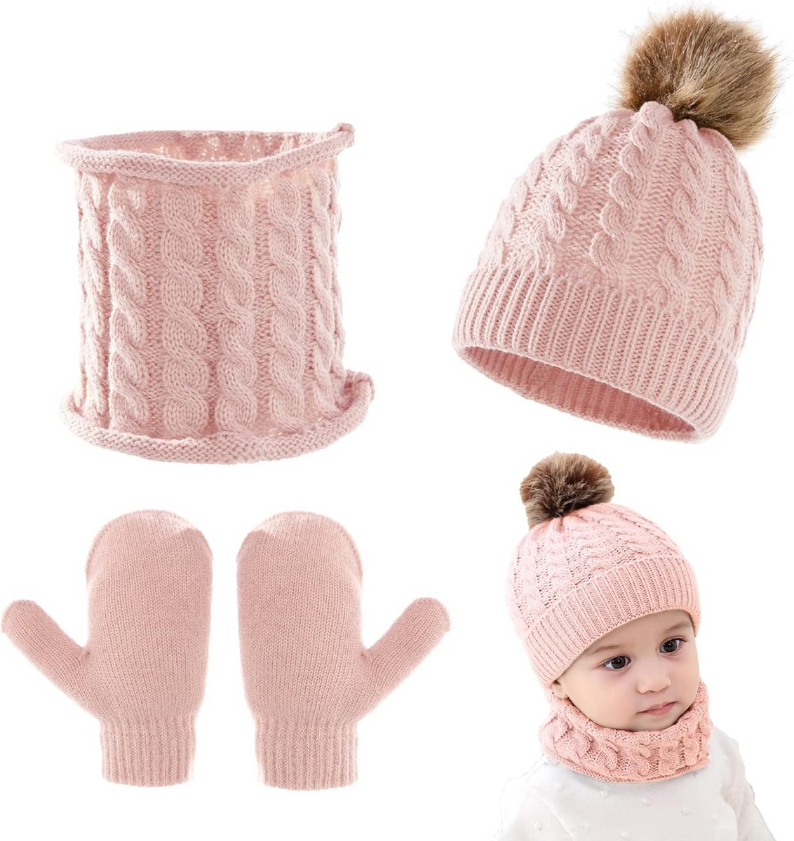 Set van 3 Gebreide Muts, Sjaal en Mutsjes voor Baby en Peuter