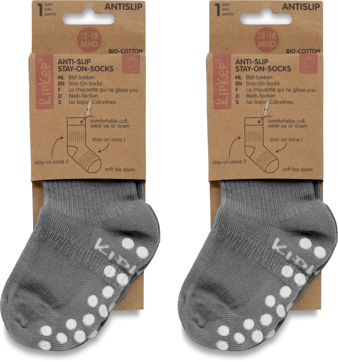 KipKep Blijf-Sokjes 2 paar met antislip - maat: 12-18 maanden - Pebble Grey - Grijs - Bio-katoen - Voordeelpak