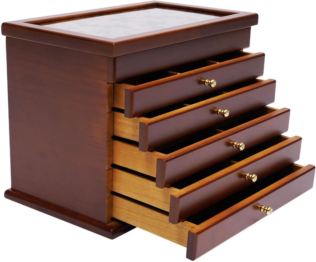 Grote Houten Sieradendoos met 6 Niveaus, Spiegel en 5 Laden - Vintage Organizer