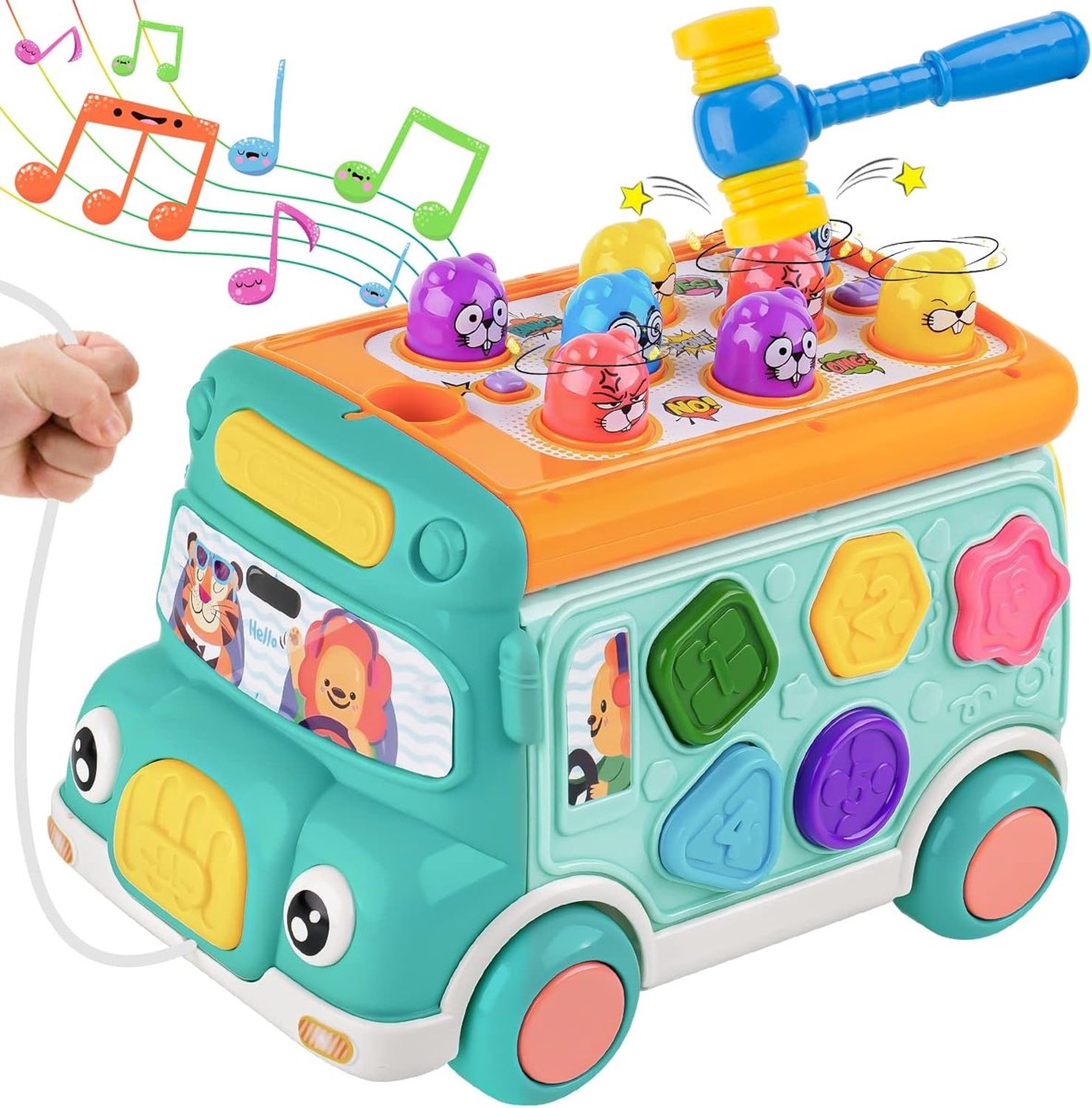 Muzikale activiteitenbus voor baby's met geluid en licht, vormsorteerder, Whack-a-Mole speelgoed, interactief spel, cartoon schoolbus voor kinderen van 3-4-5 jaar.