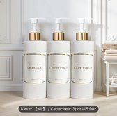 een set van 3 pompflessen wit/goud met tekst 500 ml, zeep dispenser kunststof, navulbare shampoo fles.