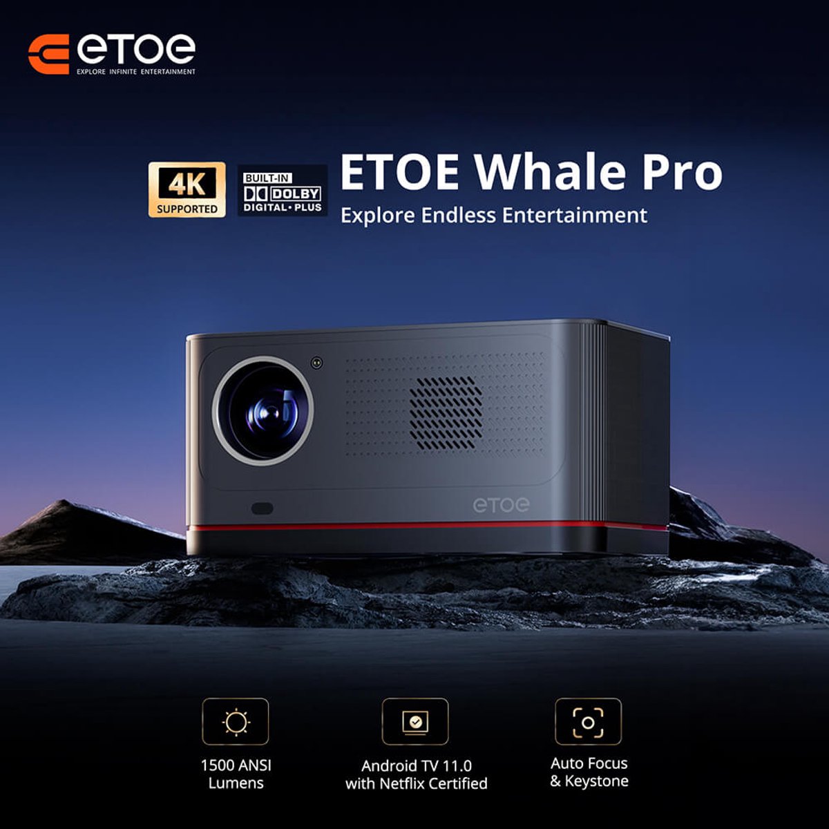 ETEO Whale Pro Projector, Android TV 11.0, 1500 ANSI, 1080P Native 4K Decoding, Auto Focus/Keystone, Dual Band WiFi, Dolby Audio, Home Theater​