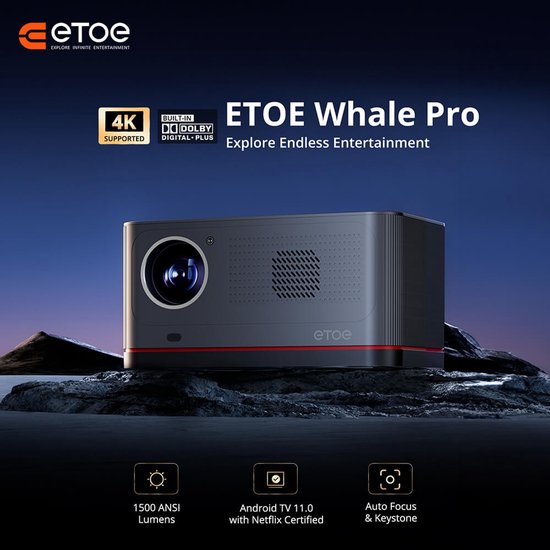 ETOE Whale Pro projector 1080P native, 1500 ANSI lumen, Android TV 11, 4K decoding, auto focus, Dolby Audio, wifi dual band