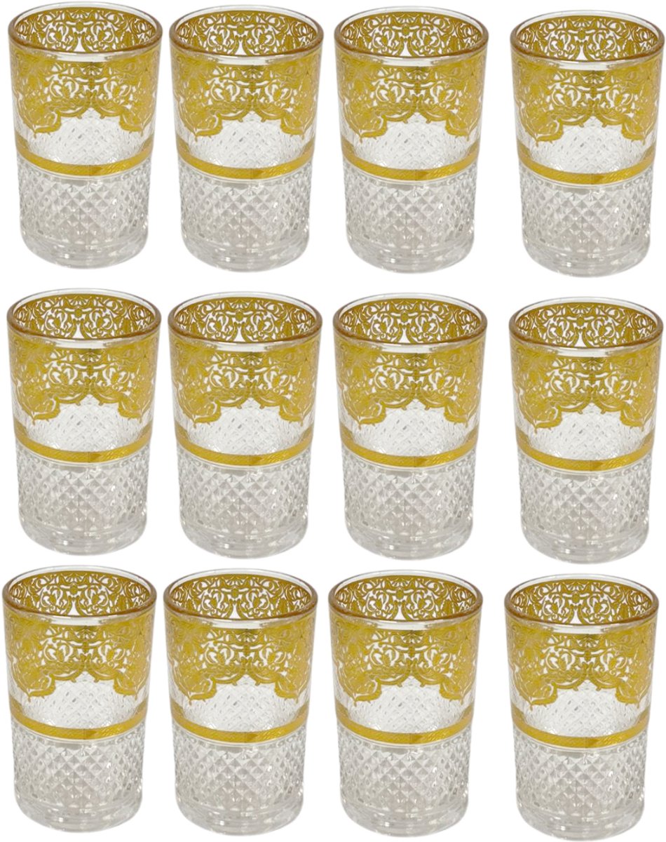 Marokkaanse Theeglazen - Drinkglas - Set of 12 - Traditionele Theeglazen met Goud Motief - Oosterse Thee Glazen - Luxe Marokkaanse Glazen - 160ml - Transparant met Goudkleurig Motief