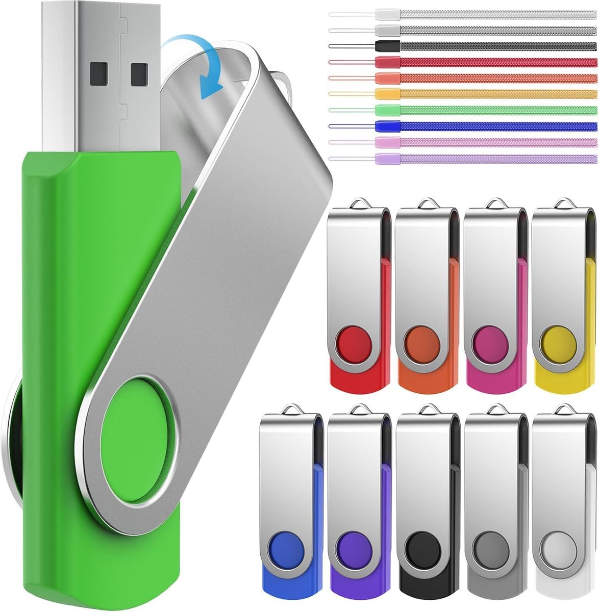 10 Stuks 64GB USB Sticks Set - Draaibare USB 2.0 Geheugensticks Multipack met Lanyards