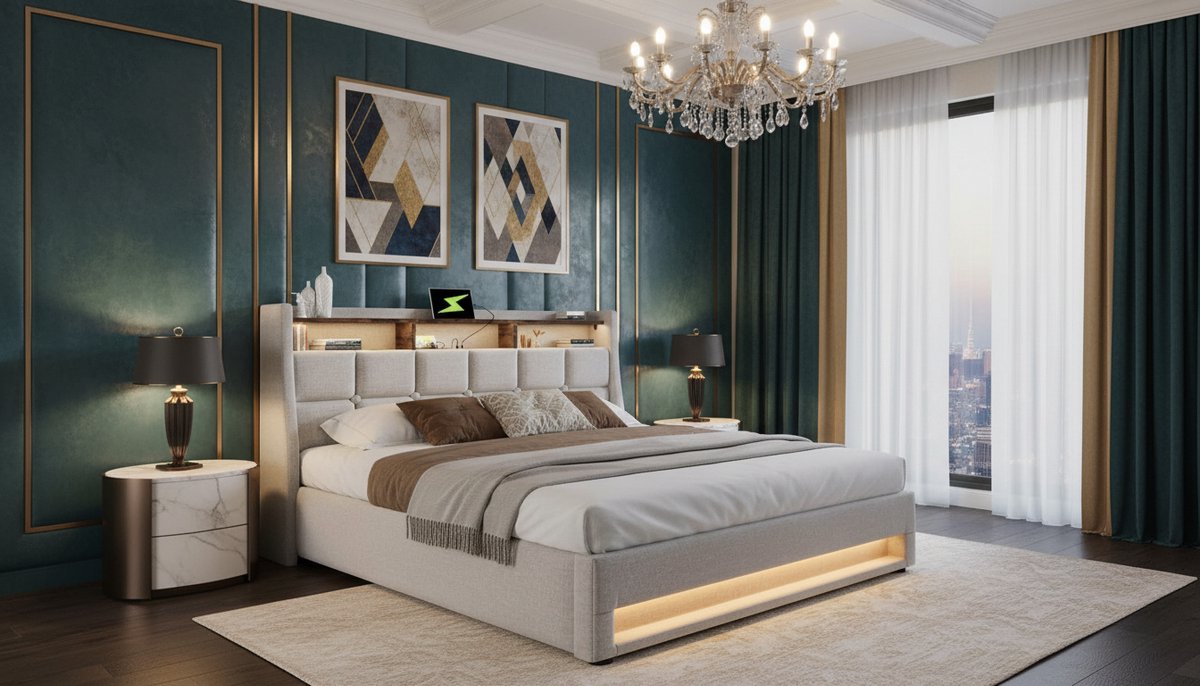 Gestoffeerd Tweepersoons Opbergbed 160x200 cm Casa Velluto met LED-verlichting en USB, Hoofdeinde met Opbergruimte, Hydraulisch Bedframe met Lattenbodem, Linnen Beige, Modern Design, Zonder Matras