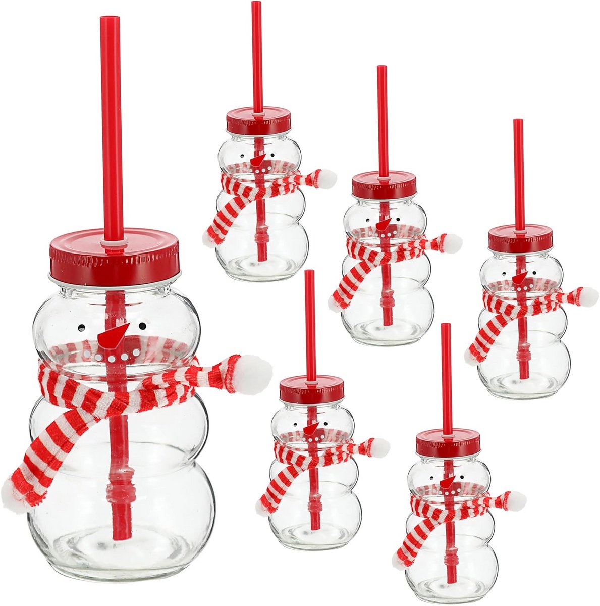 Set van 6 Drinkglazen met Deksel en Rietjes in Sneeuwpopvorm - Kerst Glaswerk