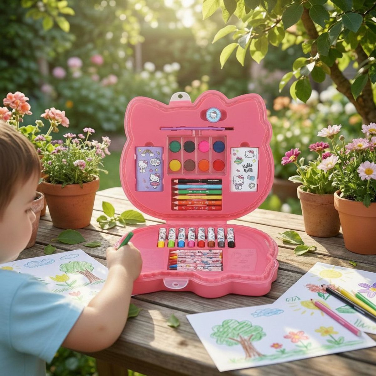 Merkloos / Sans Marque No brand hello kitty tekenkoffer 35-delig - draagbare tekendoos - met stiften, kleurpotloden, waskrijt en verf - compleet hobbypakket voor kinderen - afmetingen 28x24x3,5cm - kleur roze