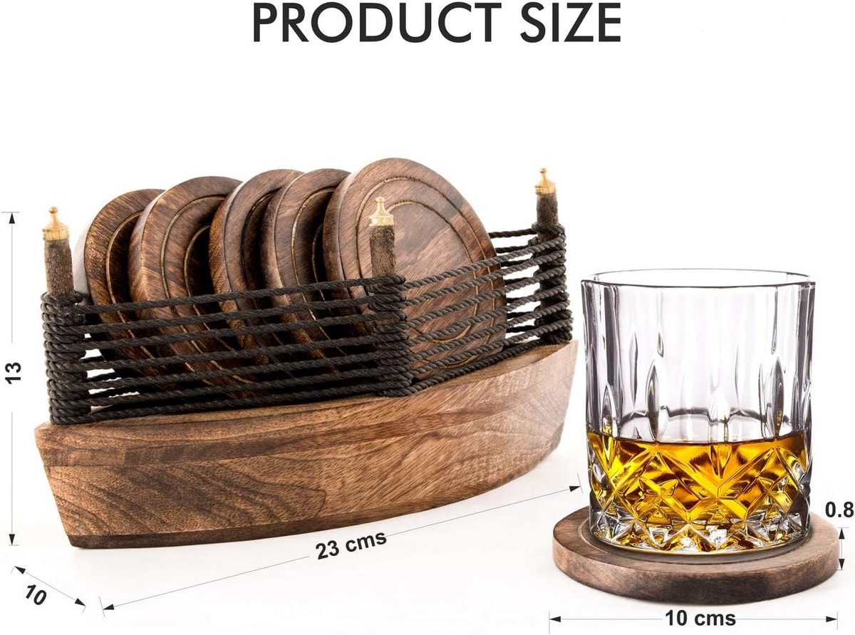 Set van 6 Houten Onderzetters – Antiek Design, Absorberend & Milieuvriendelijk