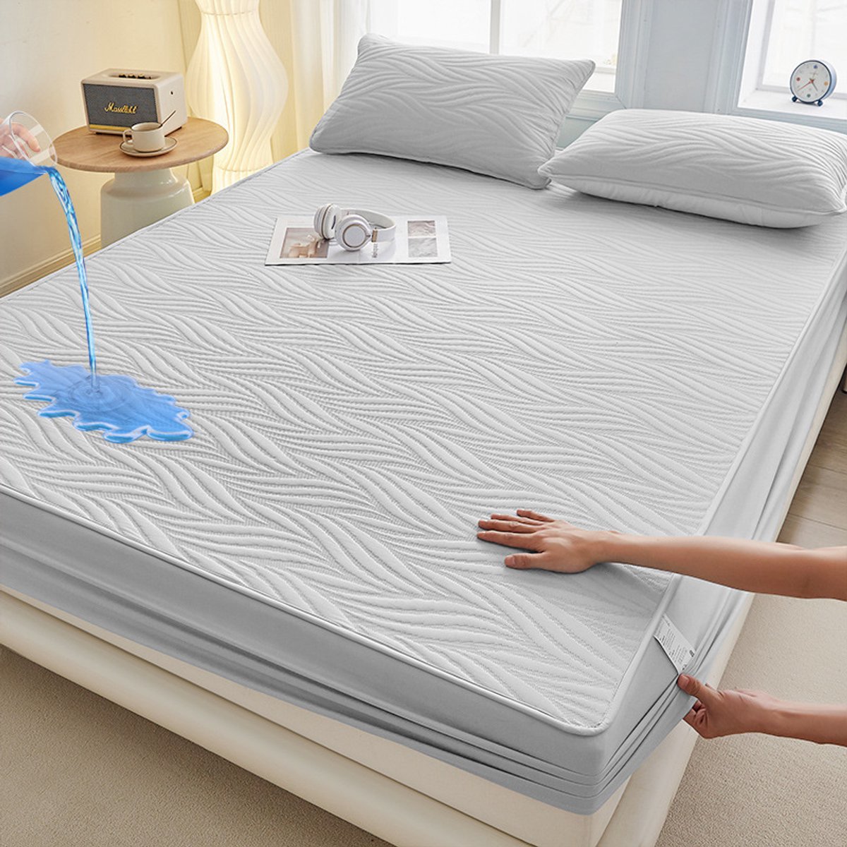 Matrashoes + 2 kussenslopen, TPU-laag voor waterdicht en ademend gebruik, geschikt voor matrassen tot 28 cm dik,Grijze wolken,150*200cm+kussensloop 48*74cm