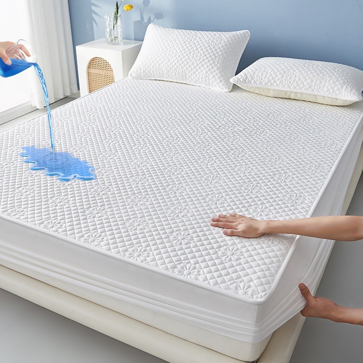 Matrashoes + 2 kussenslopen, TPU-laag voor waterdicht en ademend gebruik, geschikt voor matrassen tot 28 cm dik,Bloem—wit,150*200cm+kussensloop 48*74cm
