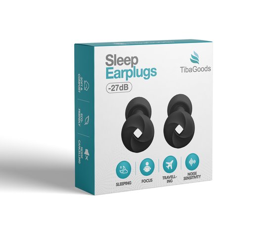 Verpakking van 'Sleep Earplugs' met de tekst '-27dB', 'TibaGoods' en iconen voor slapen, focus, reizen en geluidsgevoeligheid.