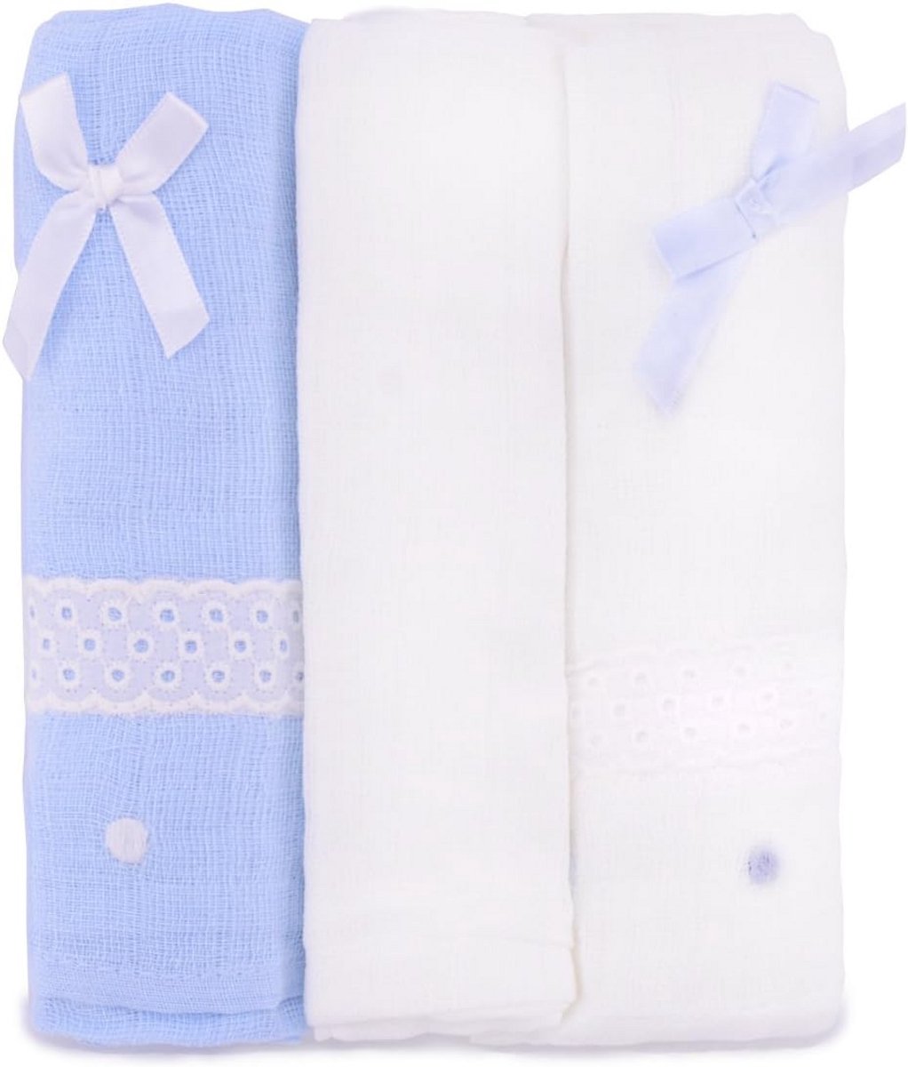 3 Delige Set Babydoeken Mousseline 100% Katoen Hydrofiel Luiers 75x75 cm Blauw Wit