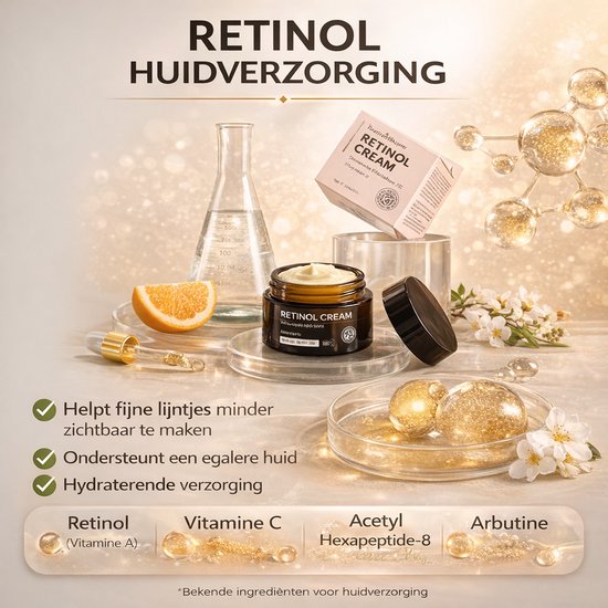 Retinol crème in een glazen potje, met laboratoriumapparatuur en ingrediënten zoals sinaasappel en bloemen.