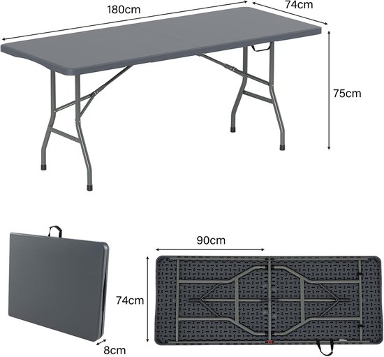 KOMFOTTEU Campingtafel, inklapbaar, HDPE-materiaal, tuinmeubelen, metalen frame, klaptafel, draagvermogen 160 kg, voor picknick, barbecue, feest, 180 x 74 x 75 cm (grijs) — afbeelding 2