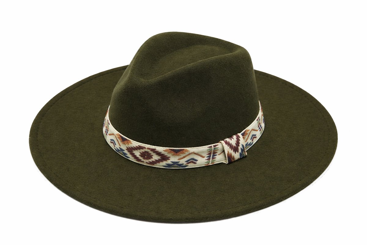 Emilie collection - hoed - groen - fedora - Vilten hoed met brede rand en boho band - olijfgroen