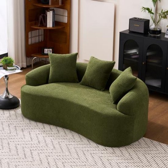 OKWISH Canapé 2 places 153 x 94 cm - Design incurvé avec 3 coussins - Pour petits espaces et studios - Chenille - Vert