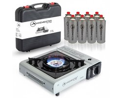 Hikemeister ® camping kooktoestel 1 pit 2200 KW draagbaar – Grijs – Inclusief 8 gasbussen – Butaangas Gasstel Gasfornuis Gaspit - Campingkooktoestel Gas Kookplaat - Met Koffer