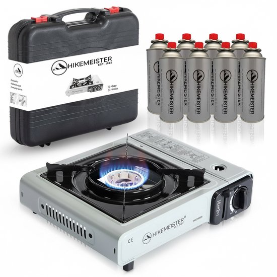 Hikemeister ® camping kooktoestel 1 pit 2200 KW draagbaar – Zwart – Inclusief 8 gasbussen – Butaangas Gasstel Gasfornuis Gaspit - Campingkooktoestel Gas Kookplaat - Met Koffer
