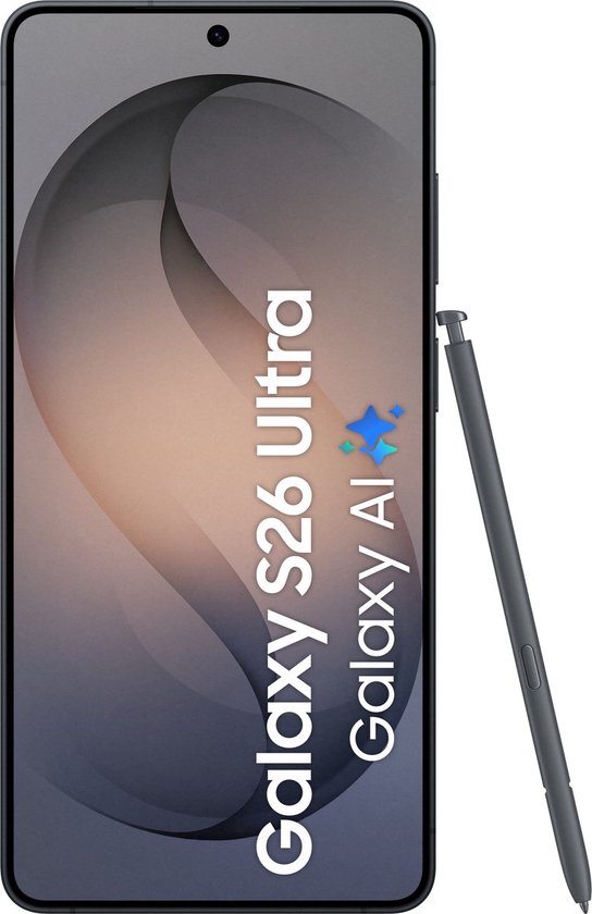 Zwarte Samsung S26 Ultra Galaxy AI smartphone met stylus.