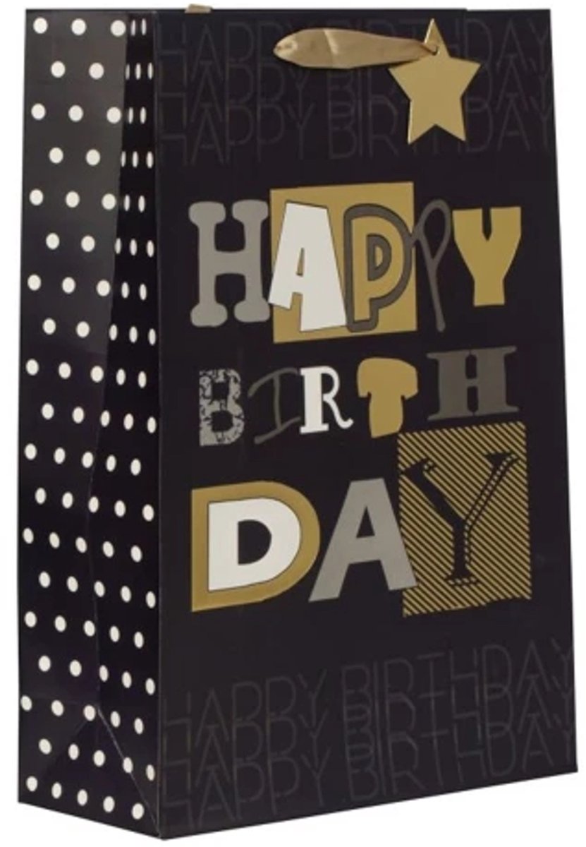 Cadeautas XL - Verjaardag Happy Birthday - Luxe Geschenktas - Cadeauzak - Geschenkzak - Zwart/Goud - 42x30x12cm