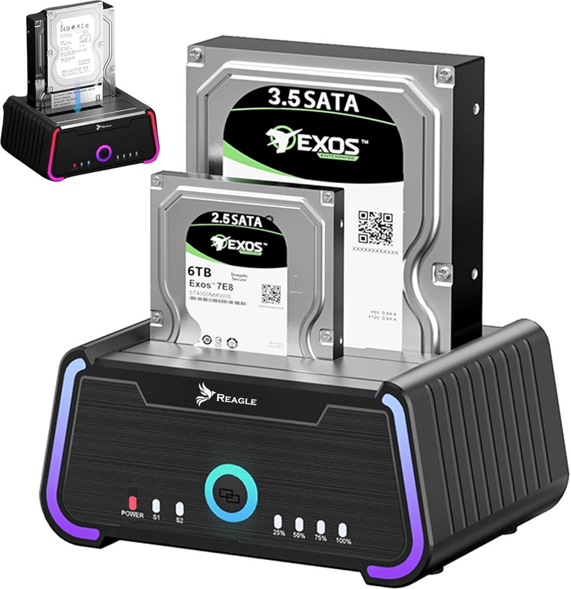 Dual SATA Dockingstation voor 2.5 en 3.5 inch HDD/SSD met Offline Klonen en USB 3.2