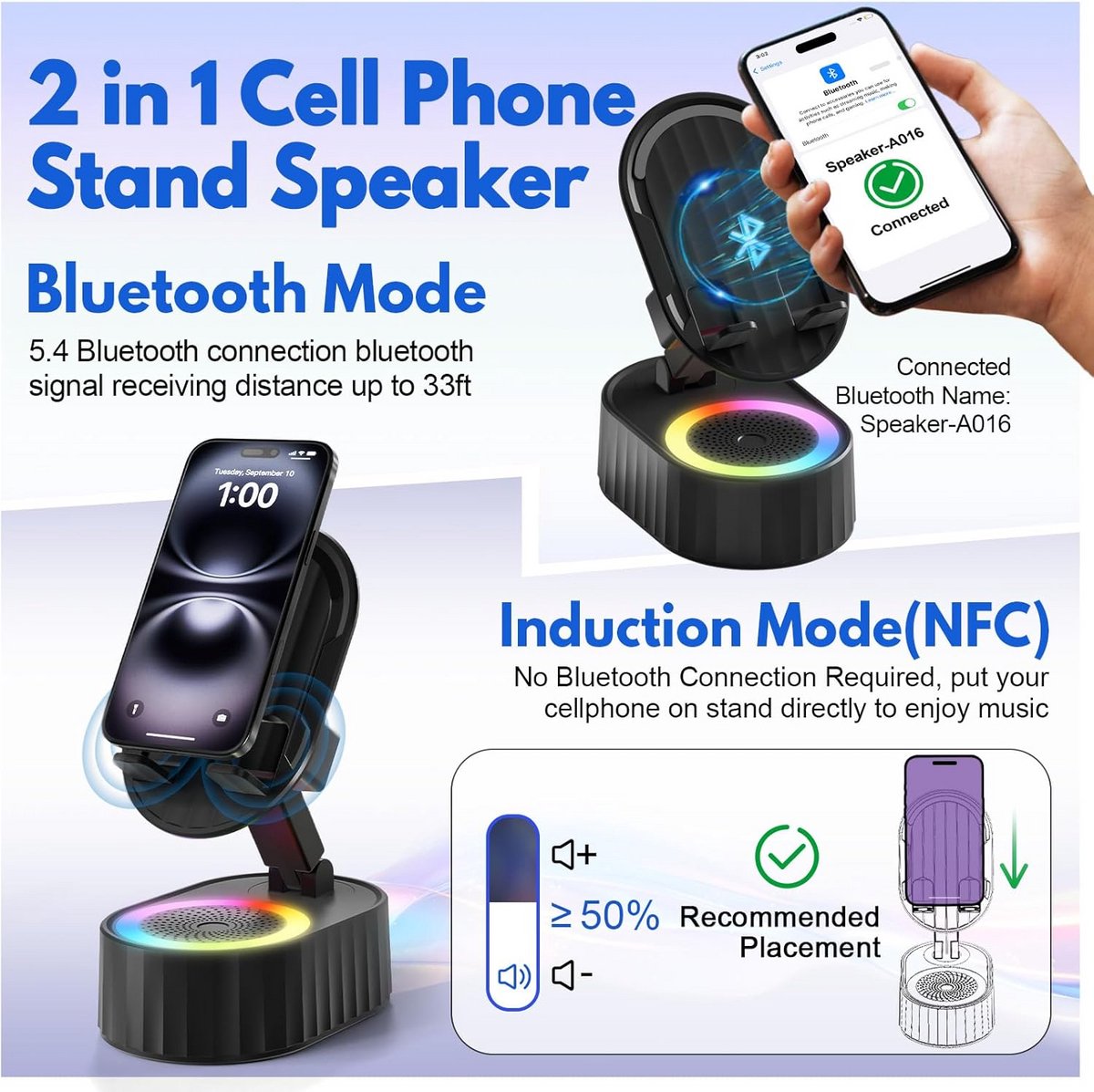 Bluetooth Speaker met telefoonhouder voor mannen - Uniek cadeau