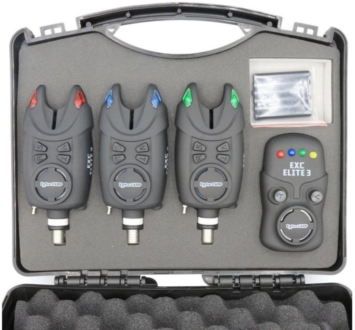 EXC ELITE 3 Bite Alarm Set - 3+1 Beetmelder set voor Karpervissen - Inclusief Ontvanger en schroefbare Snag Ears