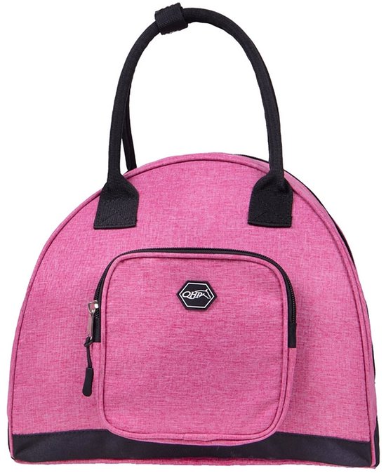 Roze reistas met een voorvak en zwarte handvatten. QHP logo op het voorvak.