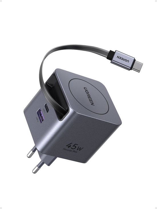 UGREEN Nexode 45W USB C-Charger met intrekbare kabel GaN-snellader 3-poorts oplader PPS 25W-lader compatibel met Galaxy S25, S24, A15, iPhone 16-8-serie, iPads, MacBook Air