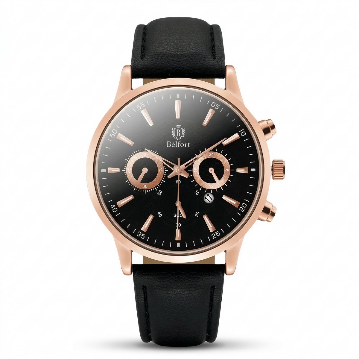 Bèlfort Horloge Analoog Montclair - Heren - Leer - Zwart - Black Gold - Premium Lederen Horloge Band - 43mm - Water Resistance Watch