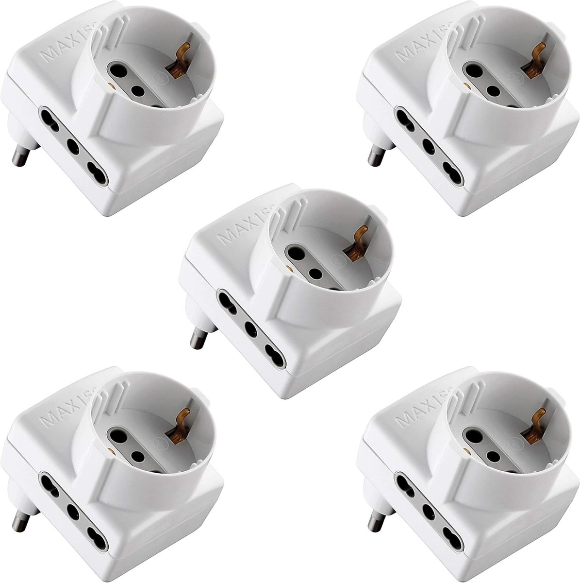 Set van 5 Rechte Verdeelstekkers met Aardcontact - Compact 3-voudig Stroomblok - 230V Wit